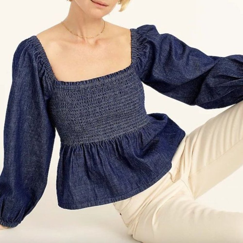 J. Crew Puff Sleeve Chambray Smocked Top in Birch Wash NWT